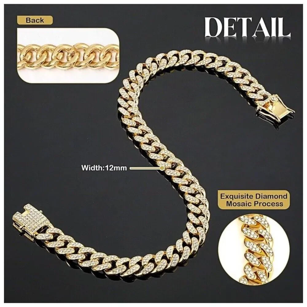 Pet Dog Cat Metal Gold Chain Diamond Cuban Link Collar Luxury Necklace Bling 12